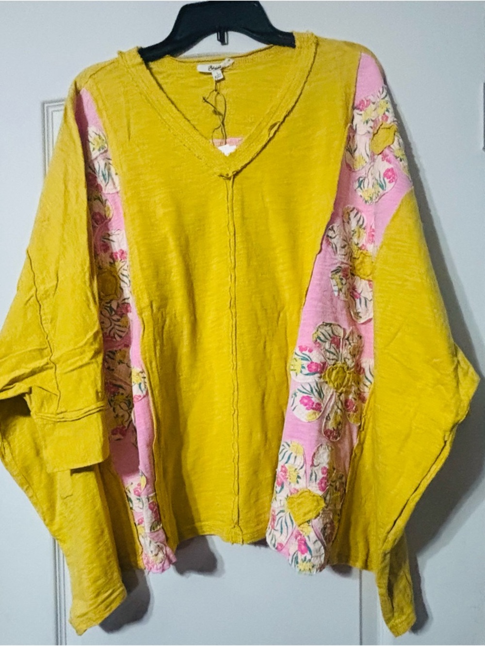 Blue Velvet Boho Oversized Tunic with Pink Floral Panels - Mustard Yellow Small